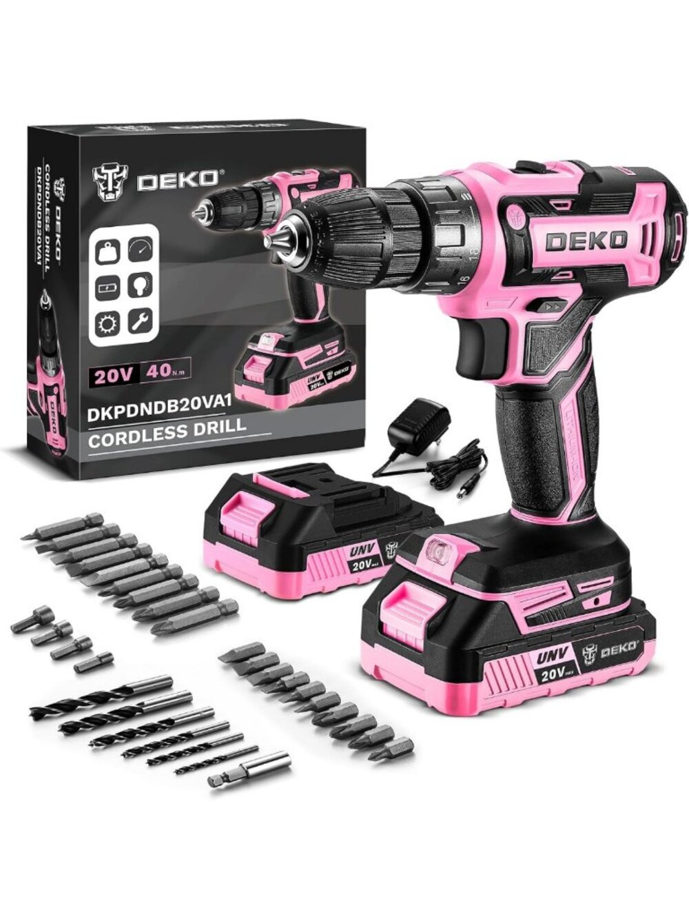 Cordless Power Drill Set: 20V Electric Drill with Keyless Chuck, 2 Batteries